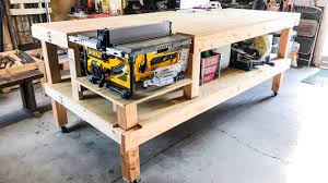 How To Make A Rolling Table Saw And Jointer Work Bench Diy Work Benc In 2020 Building A Workbench Diy Workbench Bench Table
