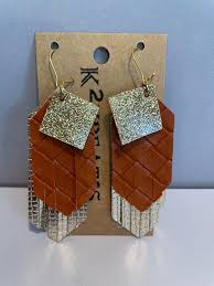 Gold and Textured Leather Faux Leather Arrow Fringe Earrings