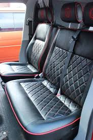 Black And Red Leather Car Seat Covers Black And Red Seems To Be A Popular Combination This Vw T5 Black Leather Set With Red Stitching Leather Piping And Em Car Upholstery Car Seats Truck Interior
