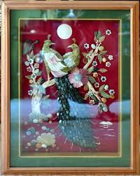 Burmese Gemstone Inlay Artwork Depicting Two Peacocks With Green Feathers Artwork Sand Painting Inlay