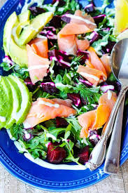 It uses smoked salmon, pasta, salad dressing, bell pepper, tomato, monterey jack cheese, cucumber, olive oil. Smoked Salmon And Roasted Beets Salad Eating European
