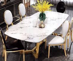 Fully upholstered regenerated leather chair internal steel frame no assembly required stackable up to a maximum of 8 unitsread more. Golden Geometric Metal Base Dining Table In 2021 Dining Table Marble Dining Table Gold Metal Base Dining Table