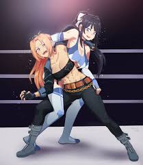 difman, original, commission, highres, 2girls, abs, bare shoulders, belt,  belt buckle, black hair, blonde hair, blue eyes, boots, breasts, buckle,  chain, choker, cleavage, collarbone, elbow gloves, female focus, fighting,  fingerless gloves, full