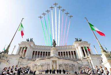 Il sorvolo delle Frecce Tricolori sull'Altare della Patria, generata con l'AI