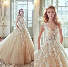 Nicole Spose 2017 Champagne 3d Floral Appliques Wedding Dresses A Line Sheer Neck Cap Cheap Wedding Dresses Uk Wedding Dresses Uk Champagne Wedding Dress Lace