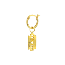 It features a stainless steel safety cover attached to each blade to protect a woman's sensitive skin and prevent blade from cutting too closely while shaving; 18 Carat Gold Plated Razorblade Earring On Gold Hoop True Rocks Wolf Badger