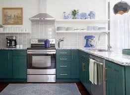 Light Kitchen With Gold Hardware Quartz Countertops And Dark Green Cabinets Benjamin Moore Gard Teal Kitchen Cabinets Green Cabinets Green Kitchen Cabinets