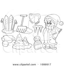 The coloring page is printable and can be used in the classroom or at home for kids. Clipart Outlined Winter Man With Skis Shovel Icicles And A Hat Royalty Free Vector Illustration By Visekart 1080917