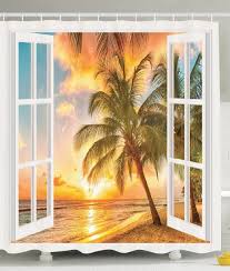 Personalized Decor Sea Ocean For Bathroom Decorations Theme Palm Tree Sunset Scenery Scenic Sho Beach Shower Curtains Nautical Shower Curtains Beachfront Decor