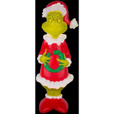 Grinch outdoor decorations for christmas. N A 2 Ft H Lighted Blow Mold Outdoor Decor Grinch With Wreath Sm Grinch G 112296 The Home Depot