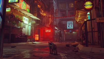 A feline perspective on the neon-lit alleyways of Walled City 99., do AI tạo