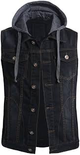 Ollin1 Mens Casual Denim Vest Jacket With Hoodie Black Medium At Amazon Men S Clothing Store Casual Denim Hoodie Vest Jacket Hoodie Jacket