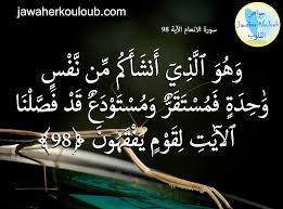جواهر القلوب jawaher kouloub - وَهُوَ الَّذِي أَنشَأَكُم مِّن نَّفْسٍ  وَاحِدَةٍ فَمُسْتَقَرٌّ وَمُسْتَوْدَعٌ ۗ قَدْ فَصَّلْنَا الْآيَاتِ لِقَوْمٍ  يَفْقَهُونَ (98) | Facebook