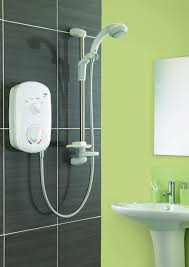 Mira Zest Electric Shower White Shower In A Green And Black Bathroom Electric Showers White Shower Shower