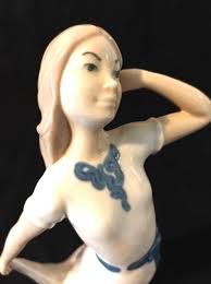 24 Cm Rex Valencia Porcelain Woman White Dress Blue Bow Preening Figure  Handmade Spain. FREE SHIPPING.