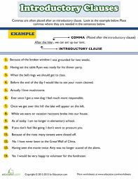 Introductory Clause Phrase Or Word Worksheet Education Com Grammar Worksheets Worksheets Phrase