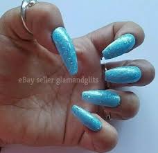 Nails image by sharnee hill blue coffin nails blue acrylic. 24 Hand Painted Gel False Nails Light Blue Glitter Coffin Stiletto Square Ebay