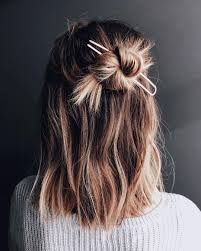 Wrap each side of the hair in a bun. Easy Hairstyles For School Short Hair Inspired Beauty In 2021 Half Bun Hairstyles Short Hair Updo Bun Hairstyles