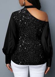 Cutout Shoulder Sequin Embellished Black Blouse Rotita Com Usd 27 70 Ladies Tops Fashion Unique Fashion Outfits Women S Fashion Dresses