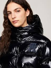 Black high shine puffer outlet jacket with fur hood