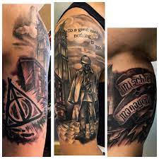 Black And Gray Sherlock Holmes Harry Potter Mashup Half Sleeve By Meghan Patrick Sleeve Tattoos Harry Potter Tattoo Sleeve Sherlock Holmes Tattoo