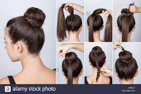 Download This Stock Image Hairstyle Tutorial Elegant Bun With Braid Simple Hairstyle Twisted Bun With Plait Tutoria Diy Hairstyles Hair Tutorial Hair Styles