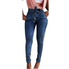 Women Denim Jeans High Waist Stretchy Slim Drawstring Elastic Trousers Pants