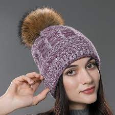 Womens Autumn Wool Knit Beanie Hat Unisex Winter Cap With Fur Ball Pompom Purple With Raccoon Fur Pompom C512n23haax Knit Beanie Hat Beanie Hats Fur Ball