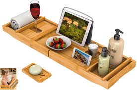 Maybe you would like to learn more about one of these? Amazon Com Bath Caddy Tray For Bathtub Bamboo Adjustable Organizer Tray For Bathroom With Free Soap Dish Suitable For Luxury Spa Or Reading Kitchen Dining