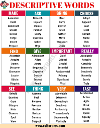 Descriptive Words A Huge List Of Descriptive Adjectives Verbs Adverbs Esl Forums English Vocabulary Essay Writing Skills Descriptive Words
