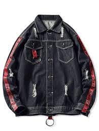 Distressed Contrast Letter Stripe Stitching Pocket Ripped Jean Jacket Battleship Gray Black Deep Blue Light Blue Leather Jacket With Hood Jean Jacket Jackets