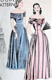 1940s Gorgeous Evening Dress Gown Pattern Vogue 5885 Dramatic Off Shoulder Low Neckl Fashion Illustration Vintage Vintage Dress Patterns Wedding Dress Patterns