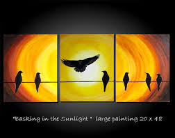 Abstract Birds On A Wire Painting Large Abstract Bird Painting Sun Contemporary Modern Birds On A Wire Triptych Silhouette 20x48 By Jmichael Modern Abstract Painting Painting Canvas Painting