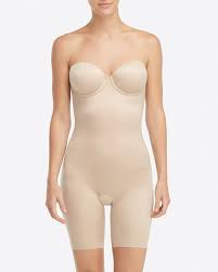 Suit Your Fancy Strapless Cupped Mid Thigh Bodysuit Shapewear Bodysuit Best Strapless Bra Strapless Shapewear