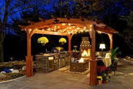 Interior Fairy Lighting On Cool Pergola Ideas Plus Hanging Planters In Beautiful Outdoor Kitchen Gazebo Lighting Outdoor Fireplace Designs Backyard Fireplace