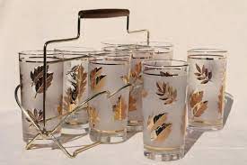 Vintage Libbey Glass Golden Foliage Gold Leaf Leaves Print Drinking Glasses Set In Carrier Rack Vintage Drinking Glasses Vintage Gold Glasses Vintage Glassware