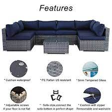 Outdoor Furniture 7pcs Patio Grey Conversation Set Garden Sofa Set Sectional Couch With Navy Cushion Rattan Outdoor Furniture Garden Sofa Garden Sofa Set