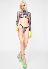 Festival Striped Fishnet Shrug Thong Bikini Set - Rainbow – Dolls Kill