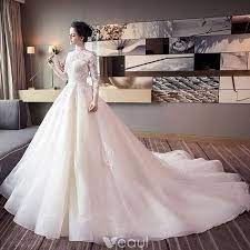Chic Beautiful Champagne Wedding Dresses 2018 Ball Gown Lace Appliques High Neck Backless Long Sleeve Cathedral Train Wedding High Neck Long Sleeve Wedding Dress Ball Gown Wedding Dress Wedding Dress Long Sleeve