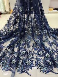 Classic wedding color scheme white with; Embellishments Finishes New 1 Yard Navy Blue Flower Chiffon Wedding Dress Bridal Fabric Lace Trim Crafts