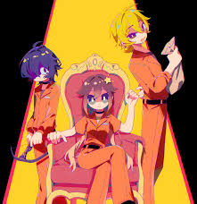 you niao, kylar (degrees of lewdity), player character (degrees of lewdity),  wren (degrees of lewdity), degrees of lewdity, highres, 1girl, 2boys,  blonde hair, bow (weapon), crossbow, crossed legs, money bag, multiple boys,