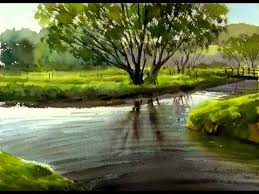 Paint the mountains using cobalt blue, winsor violet and burnt sienna in various combinations. Watercolor Painting Landscape Trees Silhouetted Against A Lake Paintingtube