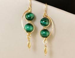 These Striking Green Malachite Gemstone Gold Dangle Earrings Feature High Quality 8mm Round Malachite S Gold Earrings Dangle Purple Dangle Earrings Mom Jewelry