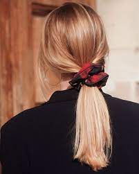 20 Ways To Wear Scrunchies How To Wear A Scrunchie Scrunchie Bun Scrunchies Tartan Scrunchie How To Hair Styles Messy Ponytail Hairstyles Tail Hairstyle