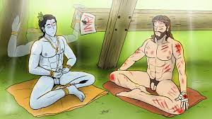 2boys abs audience balls ballsack bangle bangles bent knees  blasphemy blood blood stain blue body blue nipples blue penis blue skin  calm chariot christ clothes clothes aside completely nude