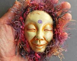 Unique Handmade Brooch-Ceramic & Mixed Media Peaceful Face
