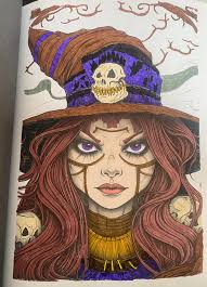 Witchcraft colouring book page completed