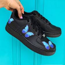 Nike Air Forces Black And Blue Butterfly Shoes Dripcreation Nike Shoes Outfits Custom Shoes Diy Outfit Shoes