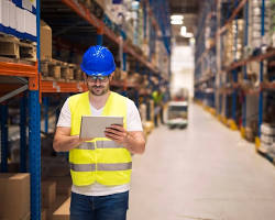 warehouse worker checking inventory on a tablet resmi