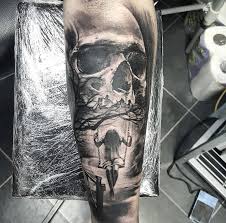'deathly hallows' tattoo is a form of a triangle with a circle inside and a vertical line going tattoo: Swinging From The Jaws Of Death